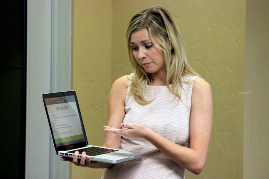 Associated Students of the University of Arizona Sen. Brooke Serack talks about a new textbook exchange website during an ASUA Senate meeting in the Student Union Memorial Center on Wednesday. ASUA will discuss the new website with the UA BookStores before making any decisions regarding it.