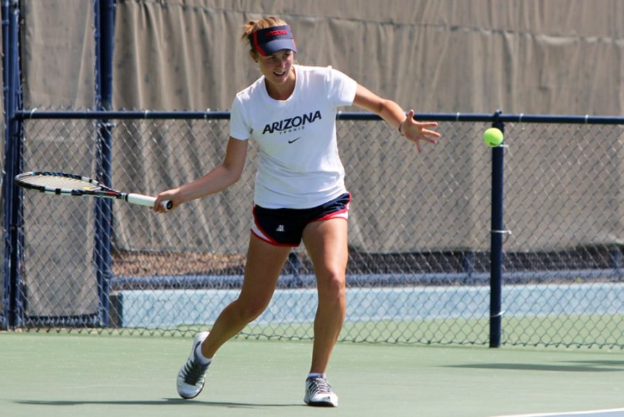 <p>Arizona then-junior Laura Oldham warms up before Arizona's 5-2 win against Colorado on April 5 at the LaNelle Robson Tennis Center. Oldhan is the lone senior on this year's team and has taken up a leadership role. </p>