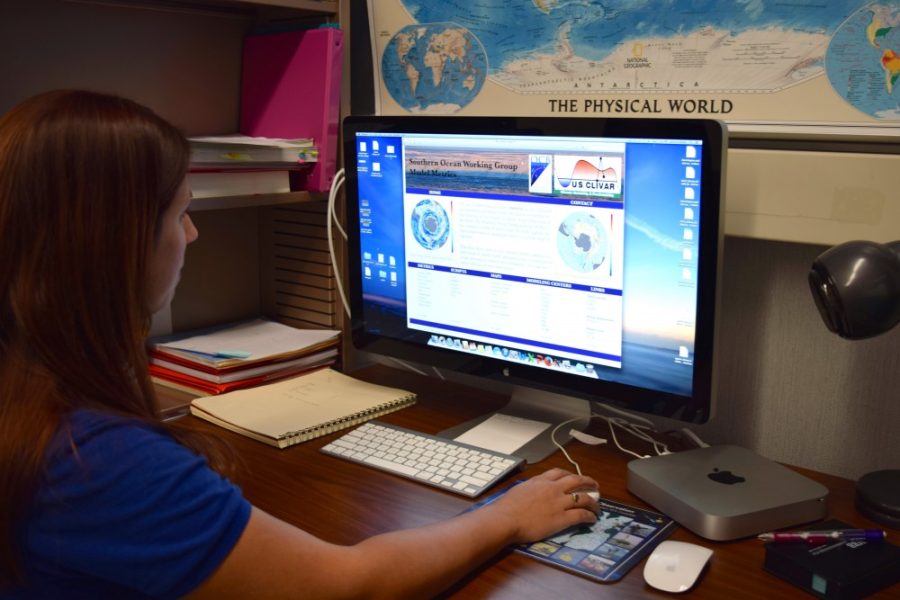 	Jessica Rudd, a geosciences senior, demonstrates the Southern Ocean Working Group Model Metrics website, which is a work in progress, in the Gould-Simpson building. Rudd and Joellen Russell, an associate professor of geosciences, are studying the Southern Ocean’s role in climate regulation. 