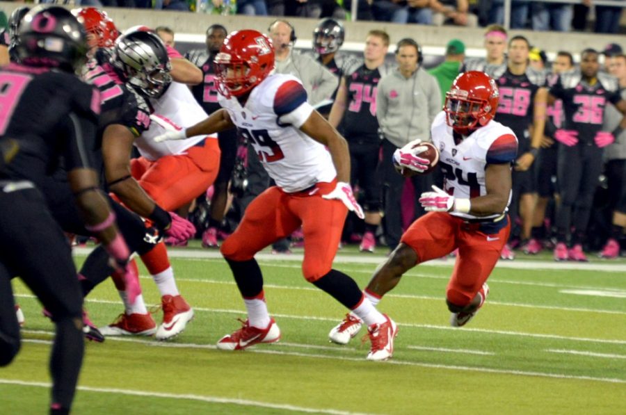 <p></p><p>Arizona redshirt senior running back Terris Jones-Grigsby (24) rushes the ball during Arizona's 31-24 win against then-No. 2 Oregon at Autzen Stadium in Eugene, Ore., on Oct. 2. USC comes to town this weekend as Jones-Grigsby and the Wildcats look to win their sixth straight game.</p>