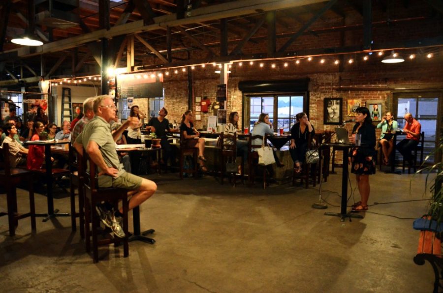 Rebecca Noble / The Daily Wildcat

3rd year PhD candidate in adaptive agricultural systems in arid Americas America Lutz presents Watersheds and Social-Sheds during one of four installments of UAs Science Cafe at Borderlands Brewing Company on Thursday, Oct 9.