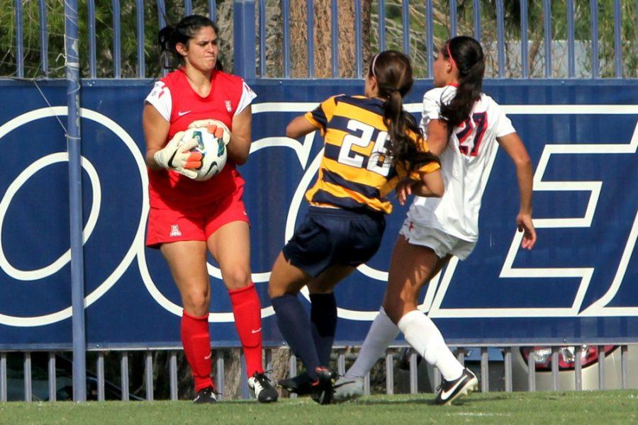 Arizona goal keeper Gabby Kaufman catches California forward Samantha Wittemans kick during Arizonas 1-1 tie against Cal at Murphey Field at Mulcahy Soccer Stadium on Oct. 26. Kaufman and the Wildcats close out the regular season with a matchup against ASU on Friday.