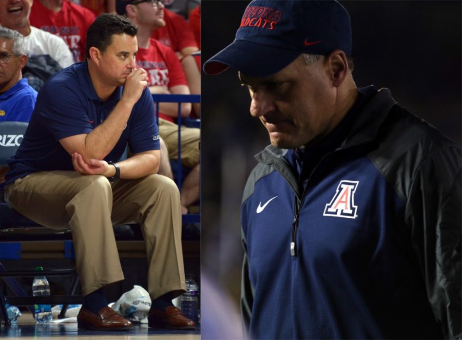 Arizona+mens+basketball+head+coach+Sean+Miller%2C+left%2C+and+football+head+coach+Rich+Rodriguez%2C+right%2C+both+have+games+over+the+Homecoming+weekend.+Our+writers+debate+whether+the+football+game+on+Saturday+against+Colorado+or+the+mens+basketball+game+on+Sunday+against+Cal+Poly+Pomona+will+be+the+more+exciting+matchup.