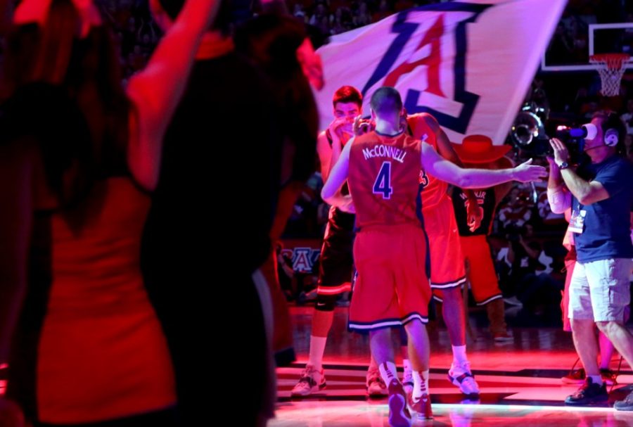 Arizona+guard+T.J.+McConnell+%284%29+runs+onto+the+court+for+player+introductions+before+Arizonas+annual+Red-Blue+Game+in+McKale+Center+on+Oct.+18.+McConnell+and+the+Wildcats+face+California+State+Polytechnic+University%2C+Pomona%2C+this+Sunday+in+the+first+exhibition+action+of+the+season.+