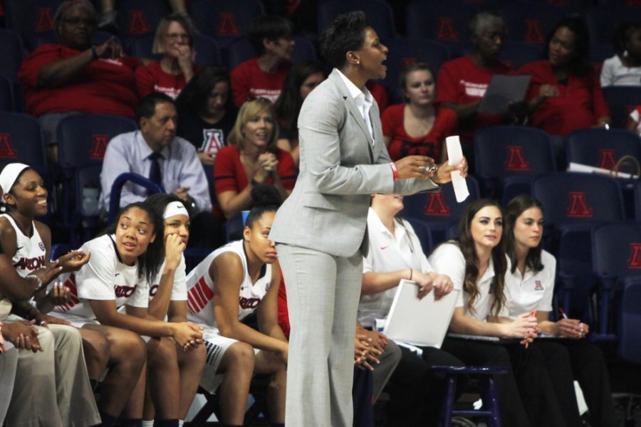 Arizona+womens+basketball+head+coach+Niya+Butts+yells+during+Arizonas+76-55+win+against+Concordia+University+on+Tuesday+in+McKale+Center.+Butts+and+the+Wildcats+take+on+CSU+Bakersfield+on+Monday.