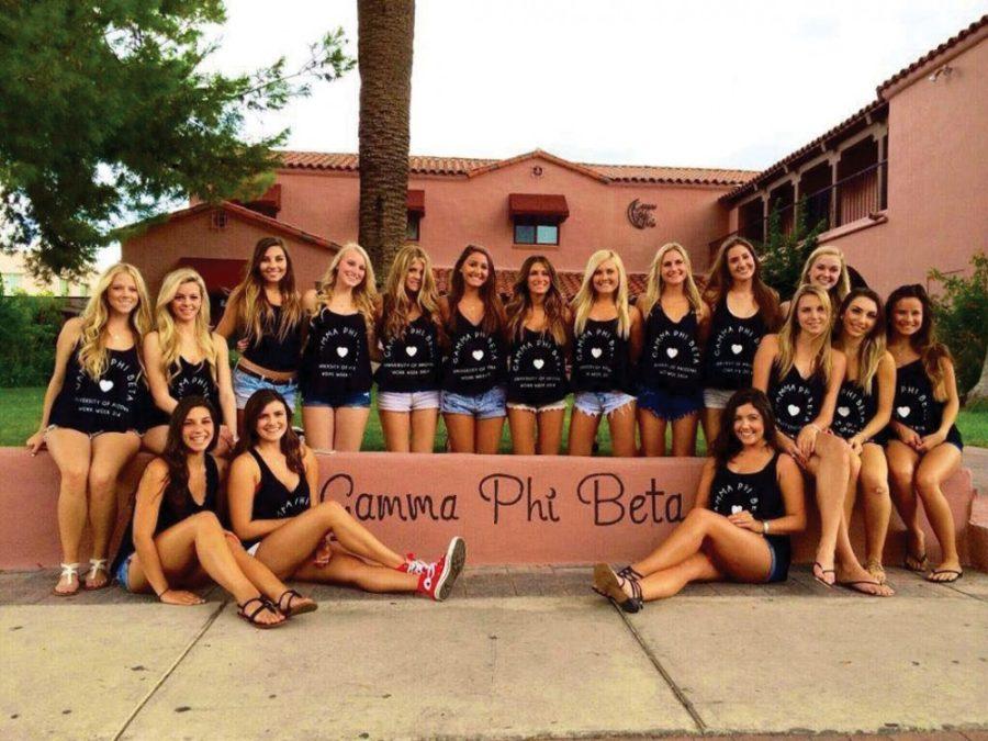 Courtesy of Kayla UrbanskiThe members of Gamma Phi Beta pose for a photo outside of their house in fall 2014. This is the first time that Gamma Phi Beta and Sigma Alpha Mu have gathered together to participate in a philanthropy event.