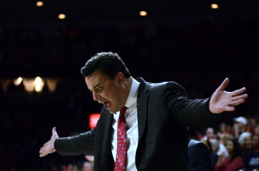 Arizona mens basketball head coach Sean Miller shows his frustration at the referees during Arizonas 66-63 win against Gonzaga in McKale enter on Saturday. Miller and the Wildcats take on Utah Valley today for the first time in program history.