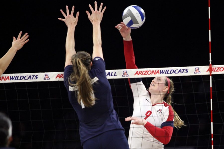 Arizona+outside+hitter+Madi+Kingdon+%289%29+spikes+the+past+the+BYU+defense+during+Arizonas+3-1+loss+in+the+second+round+of+the+NCAA+Division+I+Championship+Tournament+in+McKale+Center+on+Friday.