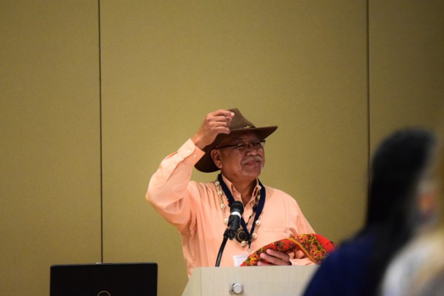 The Vice-Chairman of the San Xavier District, Jerry Carlyle, blessing the conference before all the speakers spoke. He had everyone face the east because that is where the sun rises from. The blessing was a mixture of both English and an unmentioned Native American dialect.  