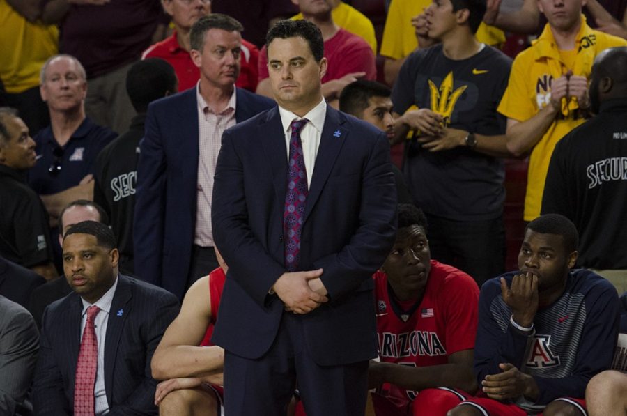 Arizona mens basketball coach Sean Miller reacts to gameplay during Arizonas 81-78 defeat agaisnt ASU on Saturday at Wells Fargo Arena in Tempe, Ariz. The Wildcats lost for the second-straight season at Wells Fargo Arena. 