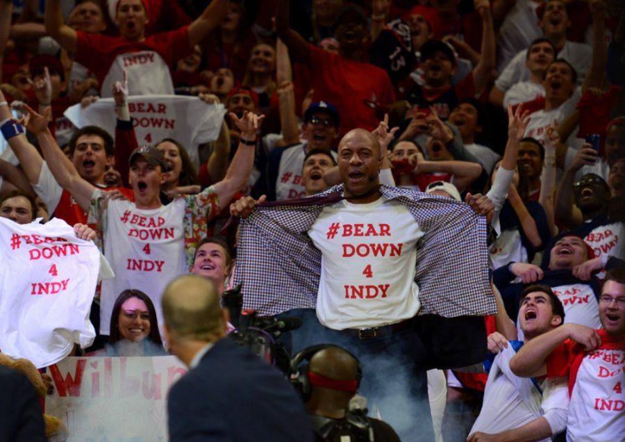 ESPN sportscaster Jay Williams declares the Arizona mens basketball team his choice to win the 2015 NCAA championship with hundreds of Arizona fans during the ESPN College GameDay broadcast from McKale Center on Saturday. Williams orchestrated the ending segment where he stood on the score table and ripped open his shirt to reveal his own #BEAR DOWN 4 INDY shirt.