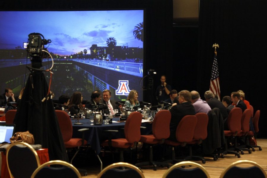 The Arizona Board of Regents holds a meeting in the Grand Ballroom in the Student Union Memorial Center at the University of Arizona to discuss budget cuts on Thursday, Feb. 5, 2015.