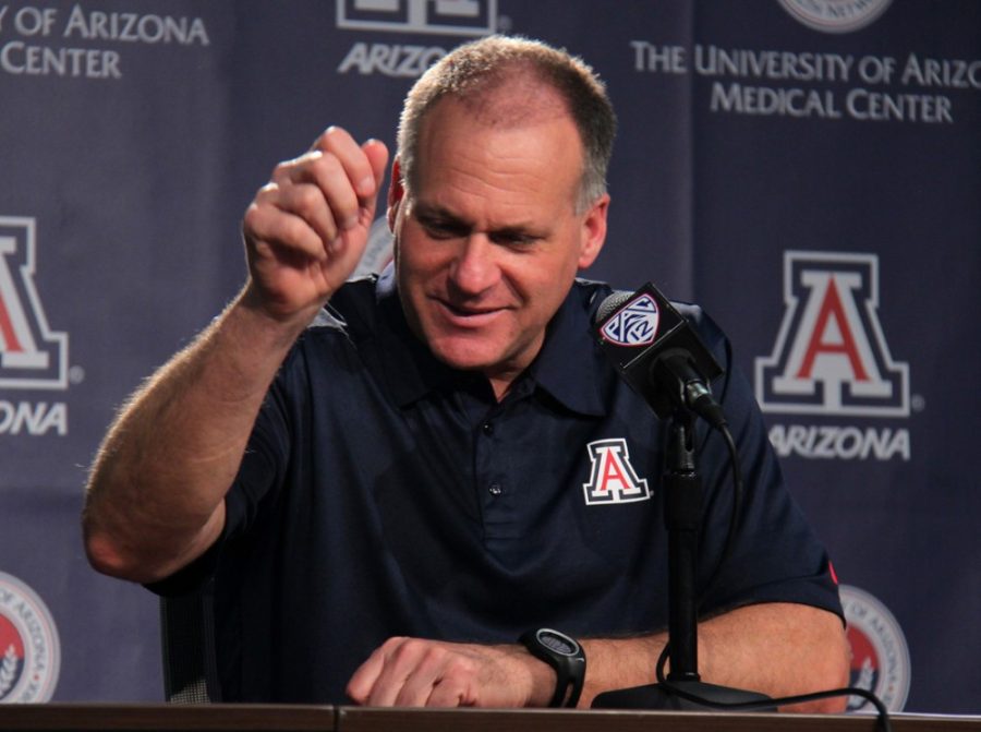 Arizona head football coach Rich Rodriguez expresses his enthusiasm to the media about the new 2015 recruiting  class at Lowell Stevens football facility on Feb. 4th, 2015. 
