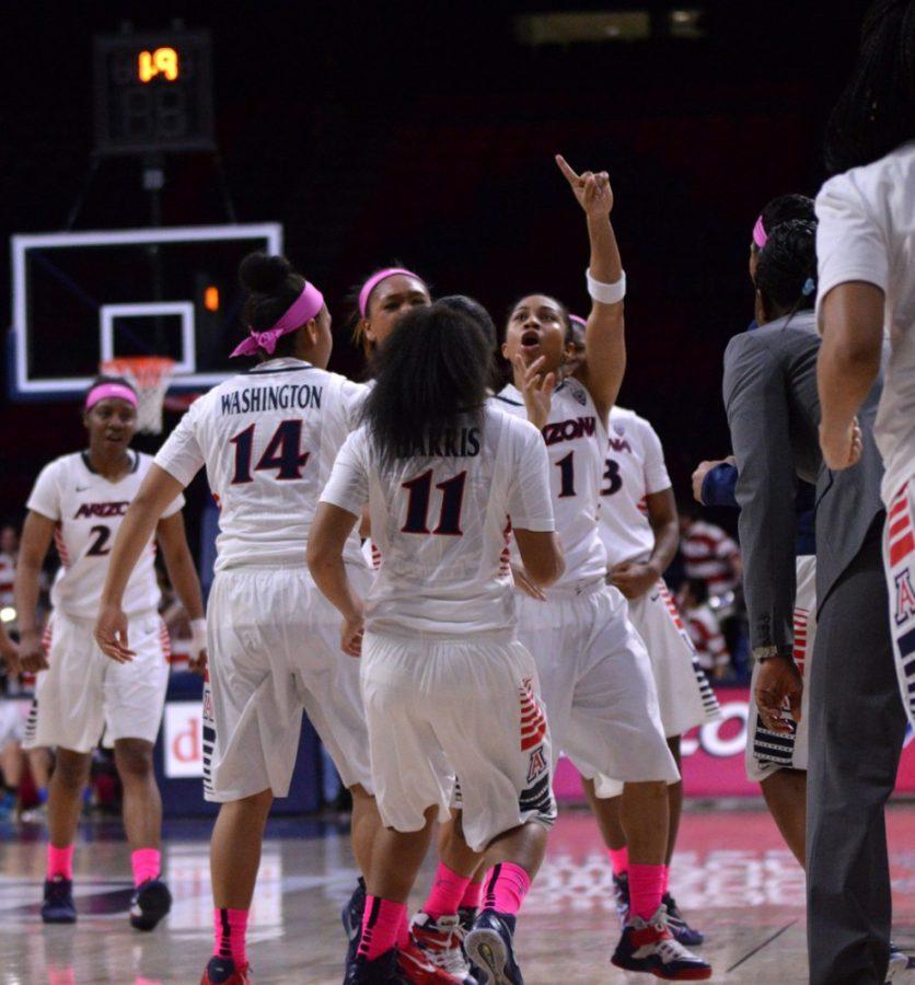 Members+of+the+UA+womens+basketball+team+celebrate+during+their+60-57+upset+over+Stanford+on+Sunday+in+McKale+Center.+The+Wildcats+defeated+Stanford+for+the+first+time+since+2004.