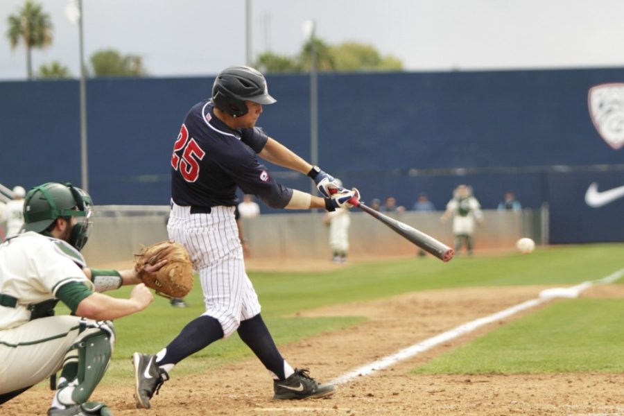 Arizona baseball infielder Scott Kingery (25) records a hit during Arizonas 6-2 win against Eastern Michigan at Hi Corbett Field on Sunday. Kingery and the Wildcats take on North Dakota State in a two-game series on Tuesday and Wednesday.
