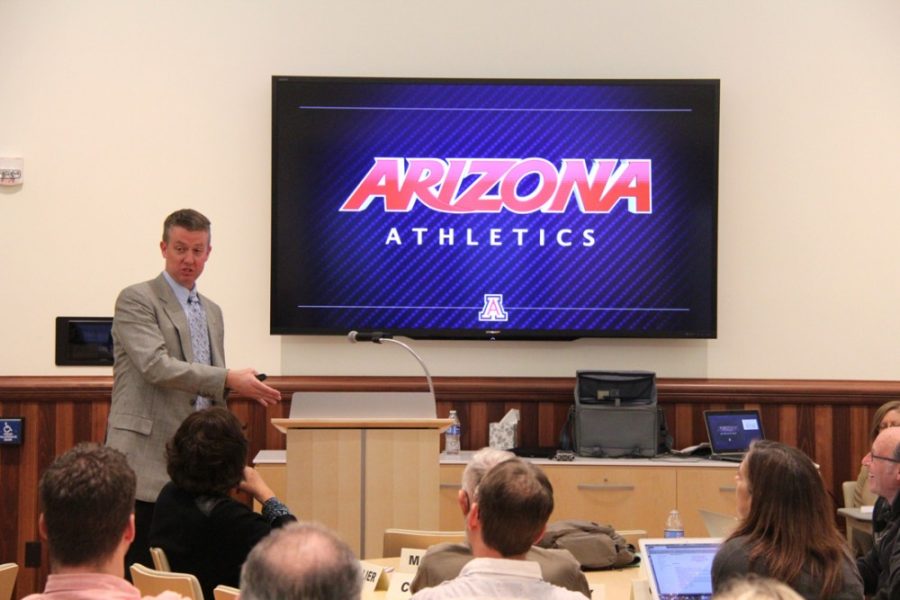 UA+athletic+director+Greg+Byrne+presents+a+report+to+the+Faculty+Senate++on+behalf+of+the+Intercollegiate+Athletics+Committee+on+Monday+in+the++Old+Main+Silver+and+Sage+Room.+According+to+the+report%2C+220+student++athletes+averaged+a+3.0+GPA+or+higher+for+the+2013-2014+academic+year.