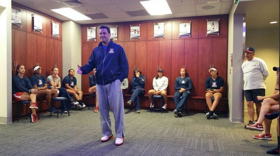 Courtesy of Arizona SoftballArizona mens basketball coach Sean Miller chats with the Arizona softball team in Lapan Family Center at Hillenbrand Stadium on Tuesday. Miller spoke about playing as a team and honoring the process throughout a season.