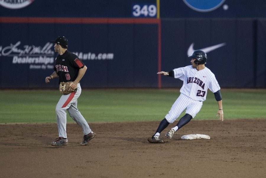 Arizona outfielder Zach Gibbons (23) rounds second base during Arizonas 10-5 win against Utah at Hi Corbett Field on March 13. Gibbons and the Wildcats will look to continue their winning momentum against No. 22 Oregon after sweeping Stanford on the road.