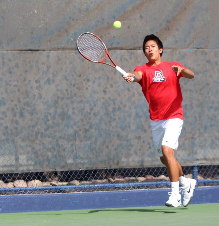 Arizona mens tennis junior Jason Jaruvang returns a volley during Arizonas 5-2 loss against Nevada on Feb. 14 at LaNelle Robson Tennis Center. Jaruvang and the Wildcats take on Cal and Stanford next.