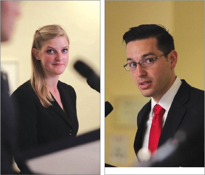 ASUA presidential candidates Hannah Sager (left) and Manny Felix (right)  debate in the Union Kiva Room in the Student Union Memorial Center on  Monday. Topics of the debate included Gov. Doug Duceys budget cuts to  sexual assault awareness on campus.