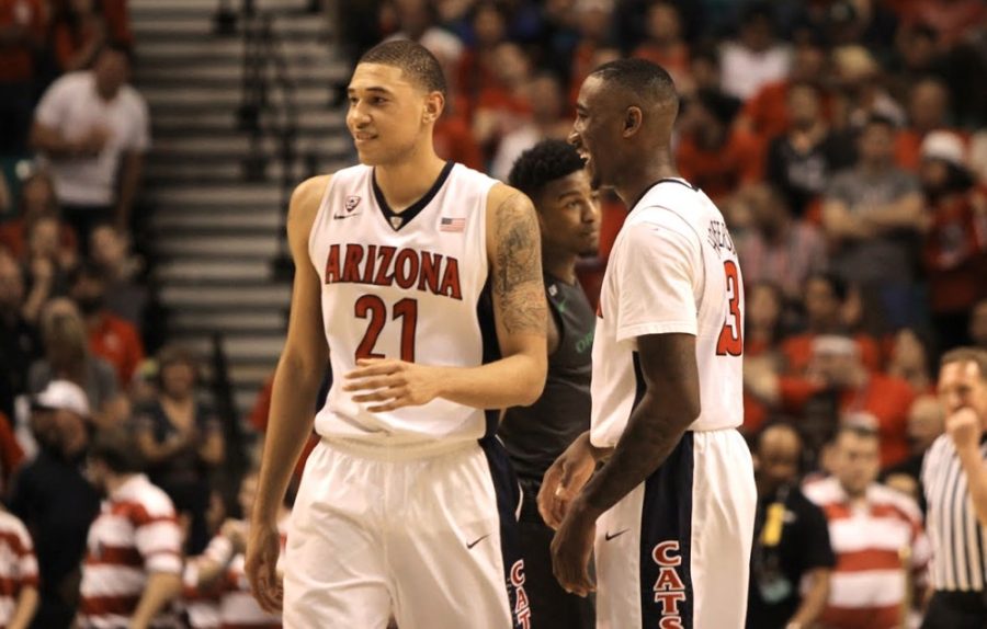 Arizona mens basketball forwards Brandon Ashley (left) and Rondae  Hollis-Jefferson (right) laugh during a timeout during Arizonas 80-52  victory over Oregon in the Pac-12 tournament championship game at the  MGM Grand Garden Arena in Las Vegas on March 14. Hollis-Jefferson and  Ashley comprise half of Arizonas starting frontcourt players.