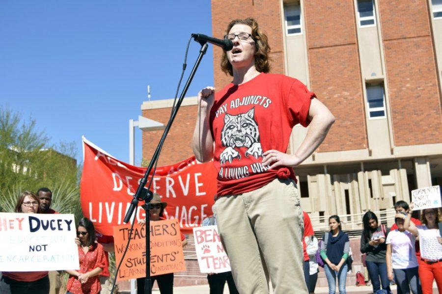Aimee Mapes, assistant director of the UA Writing Program, explains the importance of job security at the Adjunct Faculty Walkout outside the UA Administration building on Wednesday. Feb. 25 was National Adjunct Walkout Day, and UA adjuncts are non-tenure track faculty gathered to ask for improved working conditions.