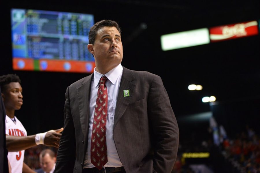 Coach Sean Miller watches the scoreboard during Arizonas 80-52 win against Oregon in the Pac-12 Tournament championship in the MGM Grand Garden Arena in Las Vegas, Nev. on March 14.
