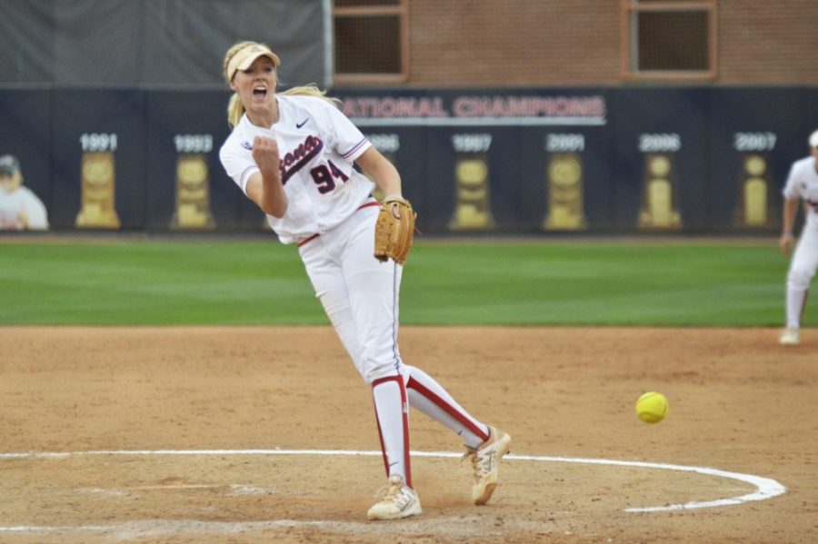 Arizona softball pitcher Michelle Floyd (94) pitches during Arizonas 18-10 win against Washington at Hillenbrand Stadium on April 12. Floyd and the Wildcats take on Stanford in a three-game series this weekend. 