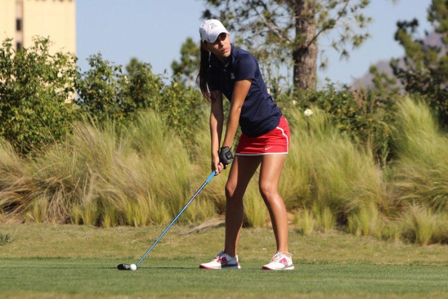 Arizona+womens+golfer+Manon+Gidali+calculates+a+shot+during+Arizonas+second-place+finish+at+the+Wildcat+Invitational+at+Sewailo+Golf+Club+on+March+17.+Gidali+and+the+Wildcats+start+their+play+in+the+Pac-12+Championships+on+Monday.