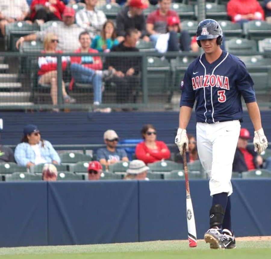 Arizona baseball infielder Bobby Dalbec (3) walks back to the dugout during Arizonas 8-3 loss to California at Hi Corbett Field on Sunday. Dalbec and the Wildcats continue to drop down the conference rankings as the losses pile up.
