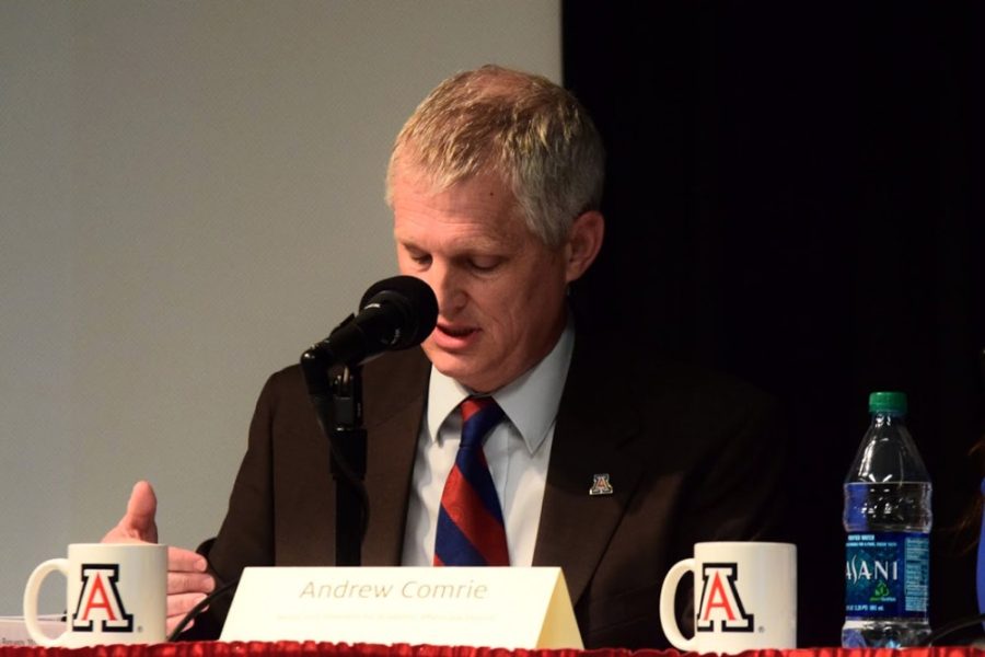 Senior Vice President for Academic Affairs and Provost Andrew Comrie delivers the UA’s 2015-2016 tuition proposal during the Arizona Board of Regents’ public hearing on April 20 at the Gallagher Theater. The hearing allowed students to voice their opinions on President Ann Weaver Harts tuition proposal.