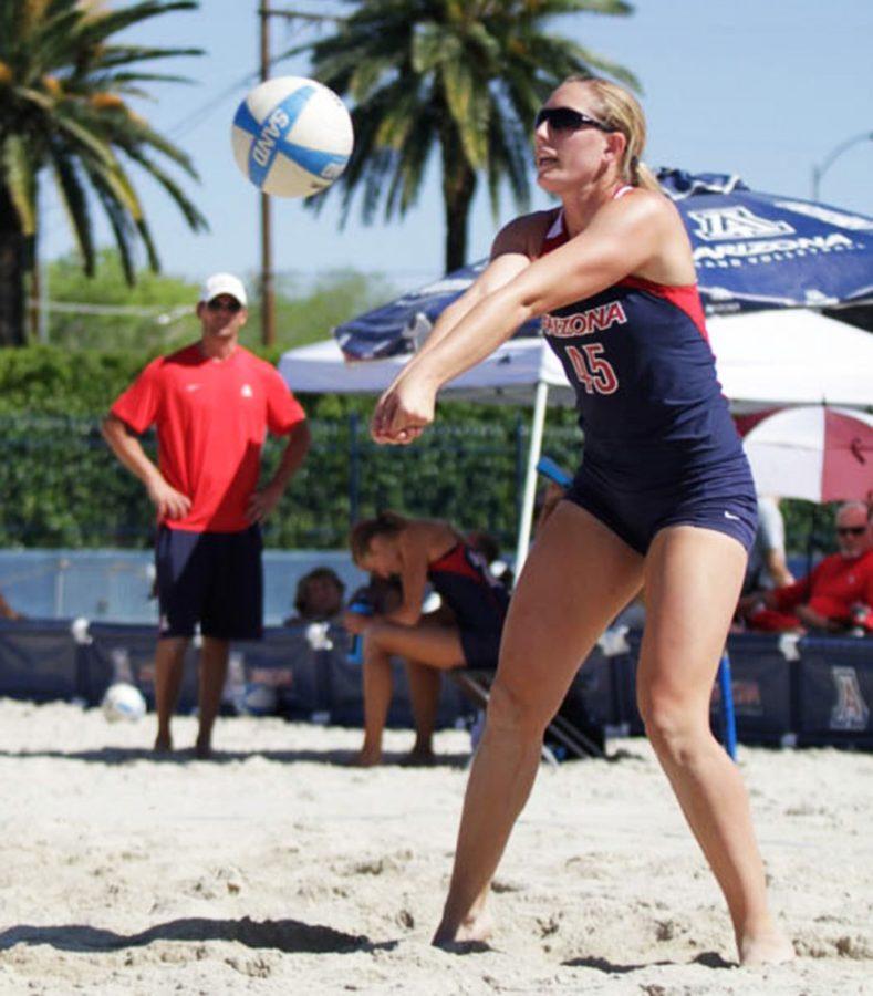 Arizona sand volleyball player Madi Kingdon (45) sets up for a dig during Arizonas 5-0 win against Cal State Northridge at Jimenez Field on March 28. Kingdon and the Wildcats face New Mexico this weekend at home.