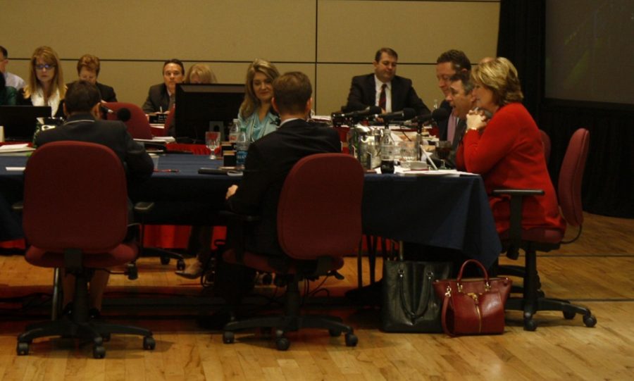 Arizona Board of Regents chairman Mark Killian concludes the meeting on budget cuts in the Grand Ballroom in the Student Union Memorial Center on Thursday, Feb. 5, 2015.
