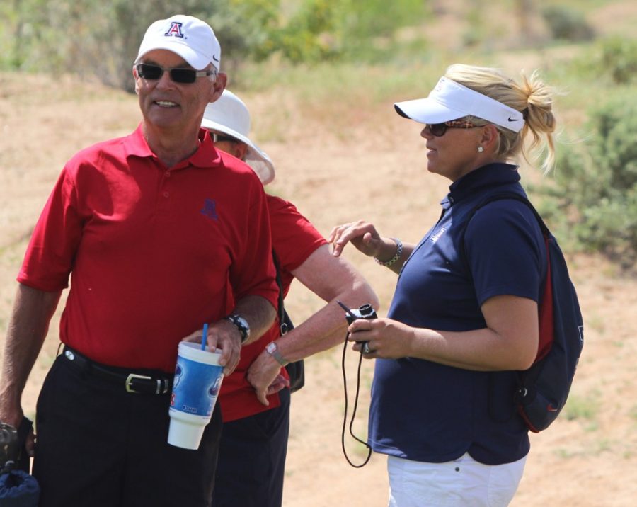 Arizona womens golf coach Laura Ianello (right) speaks with spectators during Arizonas second place finish at the Wildcat Invitational on Tuesday, March 17, at Sewailo Golf Club. Ianello has continued the trend of strong Arizona coaches by guiding the Wildcats into the National Championship talk.