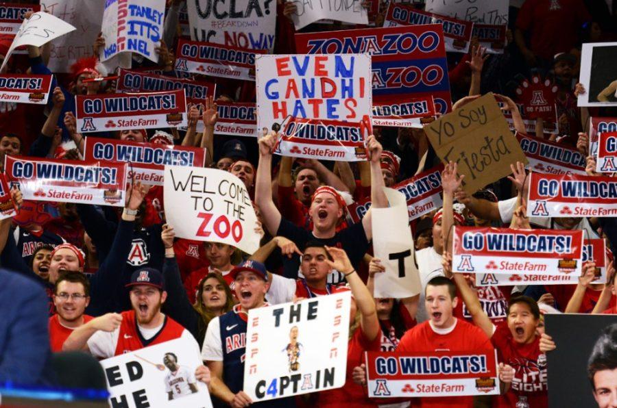 Arizona+fans+vie+for+camera+time+during+ESPNs+College+GameDay+live+broadscast+from+McKale+Center+on+Feb.+21.+Arizonas+student+section%2C+the+ZonaZoo%2C+was+named+the+top+student+section+in+the+nation+by+the+National+Collegiate+Student+Section+Association.