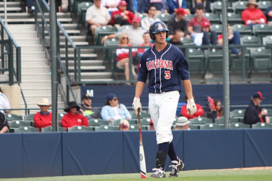 Arizona+baseball+infielder+Bobby+Dalbec+%283%29+walks+off+the+field+during+Arizonas+8-3+loss+to+California+at+Hi+Corbett+Field+on+April+26.+Dalbec+and+the+Wildcats+have+a+three-game+series+with+Washington+State+this+weekend.
