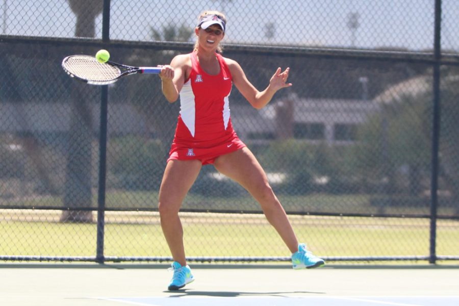 Arizona womens tennis player Lauren Marker hits a forehand during Arizonas 5-2 loss to USC at the LaNelle Robson Tennis Center on April 3. Marker is among three Wildcats competing in the NCAA Championships taking place May 20-25.