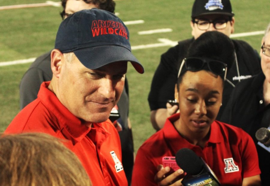 Jesus Barrera/Arizona Summer WildcatUA football coach Rich Rodriguez speaks with media after the spring scrimmage at Arizona Stadium on April 10. Rodriguez is going on his fourth season at Arizona. 
