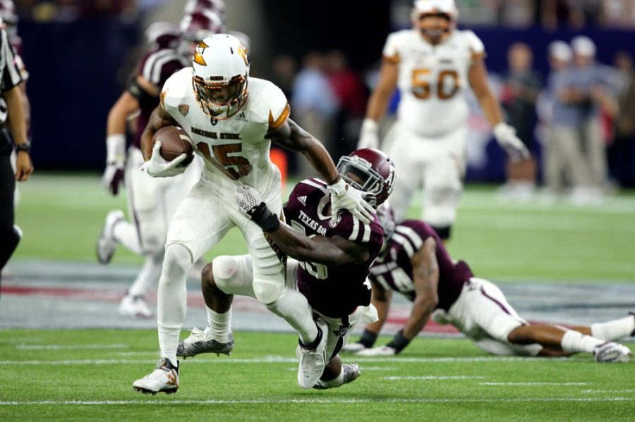 <p>Courtesy of Sun Devil Athletics</p><p>ASU's Devin Lucien (15) resists a tackle by Texas A&M during their season opener on Saturday, Sept. 5.</p>