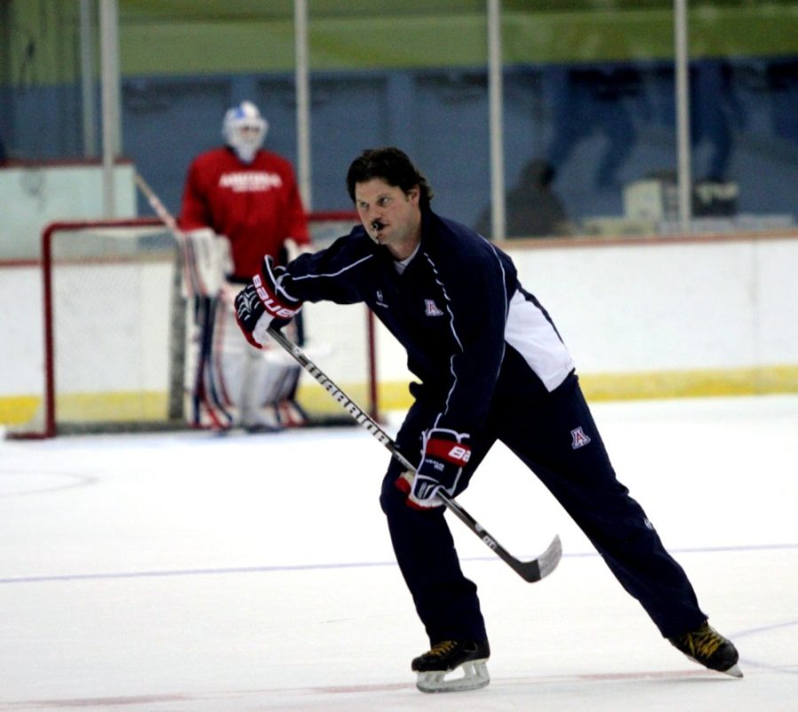 Arizona hockey head coach Chad Berman skates during a practice open to fans on Thursday, Oct. 23, 2014. Berman coached Arizona to two opening weekend victories over NAU. 