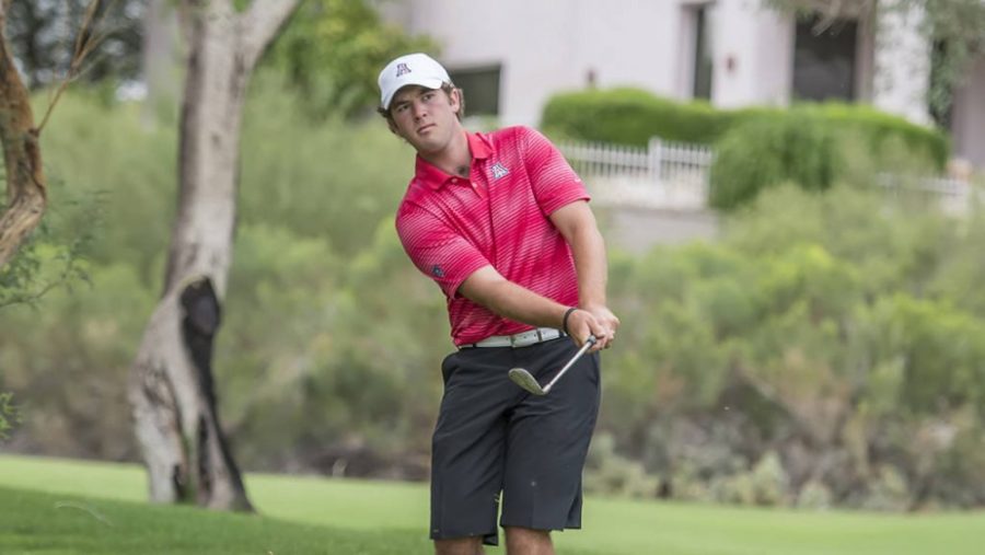 George+Cunningham+of+Arizona+mens+golf+follows+his+shot+Tuesday%2C+Oct.+6%2C+2015.+The+Wildcats+trail+in+the+Arizona+Intercollegiate+after+day+one.