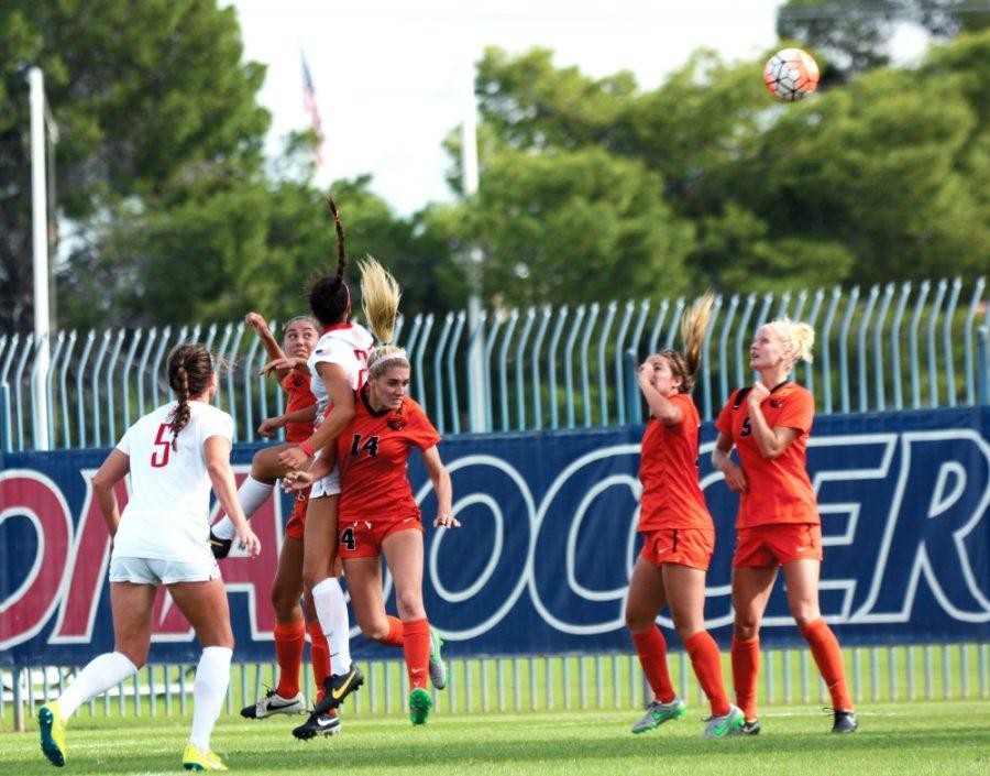 <p>Arizona defender Hayley Estopare (23) knocks a header into the goal for the Wildcats' first of two scores during their win over Oregon State on Sunday, Oct. 25 on Murphey Field at Mulcahy Soccer Stadium. Estopare is second on the team in goals with four, trailing only Gabi Stoian with six.</p>