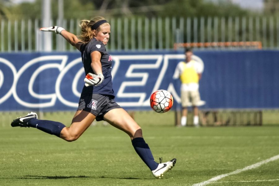 <p>Arizona goalkeeper Lainey Burdett delivers a kick to the ball while playing against Pepperdine on Sunday, Sept. 13. Burdett took home Pac-12 Goalkeeper of the Week honors last week.</p>