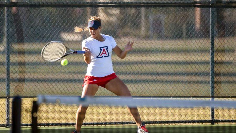 Courtesy of Arizona AthleticsArizona womens tennis player Lauren Marker hits the ball at the ITA Regional Tournament in San Diego, Calif. on Thursday, Oct. 17.