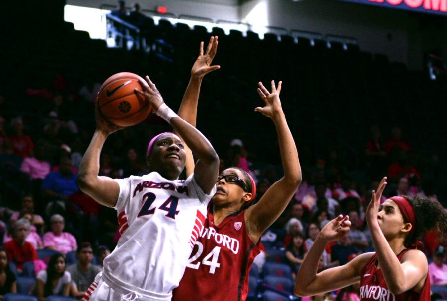 <p>Arizona forward LaBrittney Jones (24) shoots while playing against Stanford in McKale Center on Feb. 8.</p>