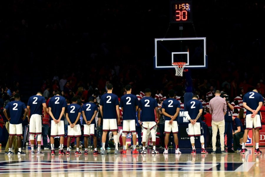 The+Arizona+mens+basketball+team+honors+murdered+former-Wildcat+Michael+Wright+by+engaging+in+a+moment+of+silence+while+wearing+his+warm-up+jersey+before+their+match+against+Pacific+in+McKale+Center+Friday%2C+Nov.+13.