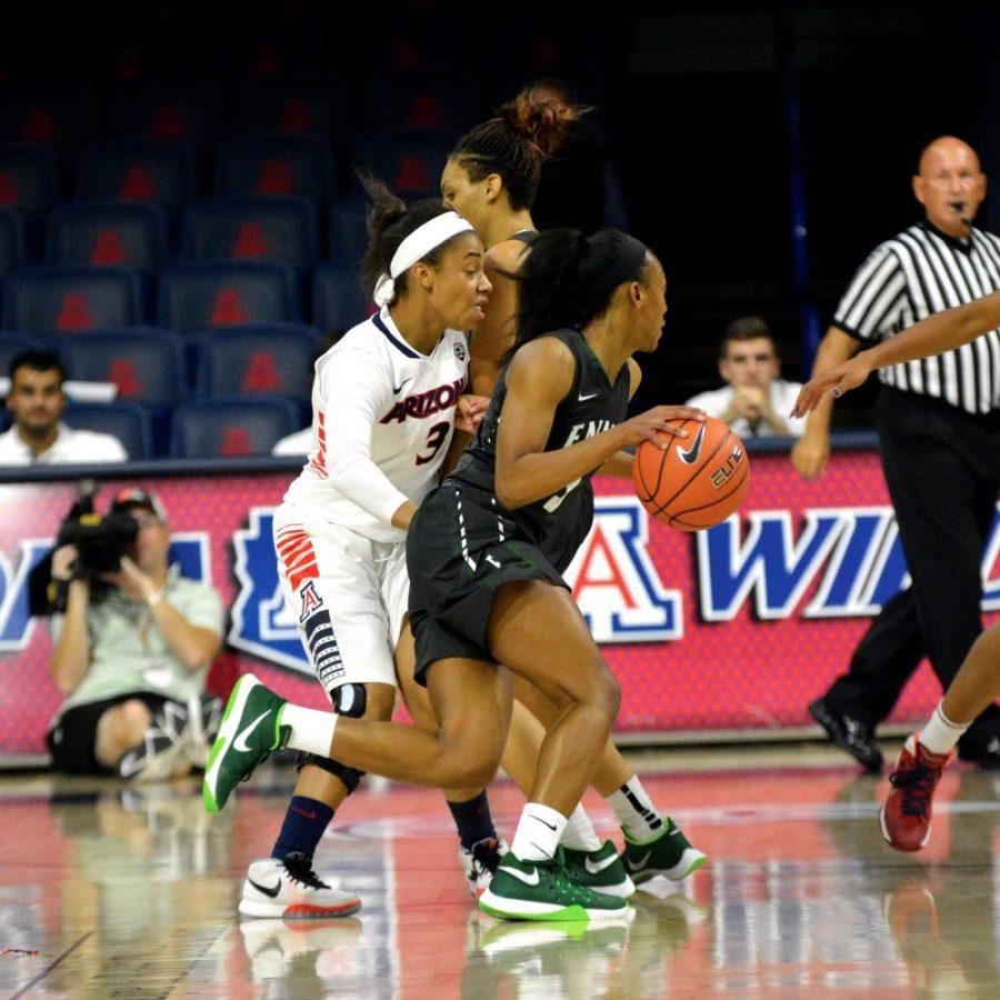 Arizona guard Taryn Griffey (3) runs after Eastern New Mexico in McKale Center on Tuesday, Nov. 10. Griffey and the Wildcats defense has held opponents to 33 percent shooting on the season.