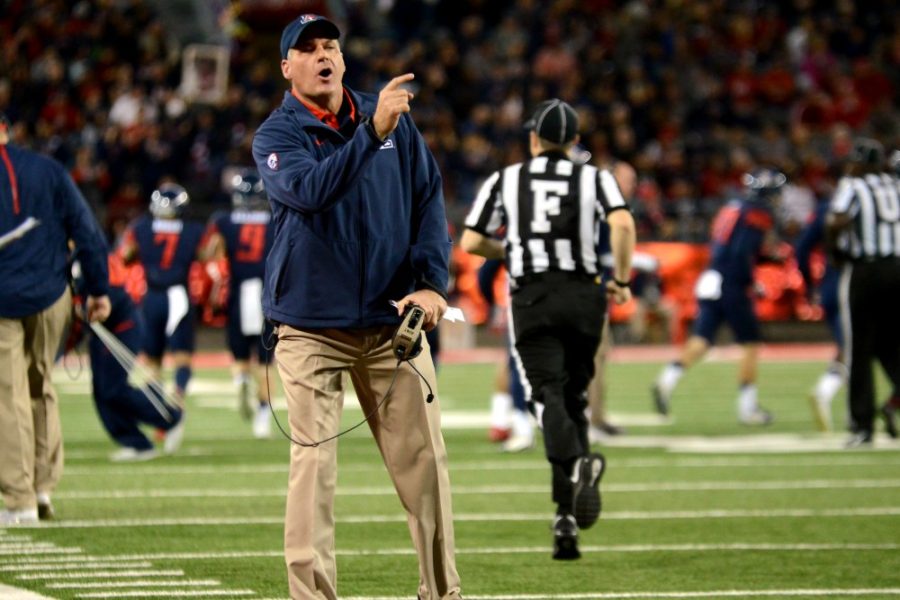 Arizona head coach Rich Rodriguez gestures and shouts mid-game at Arizona Stadium on Nov. 14. Rodriguez enters his fourth Territorial Cup showdown with a previous record of 1-2.