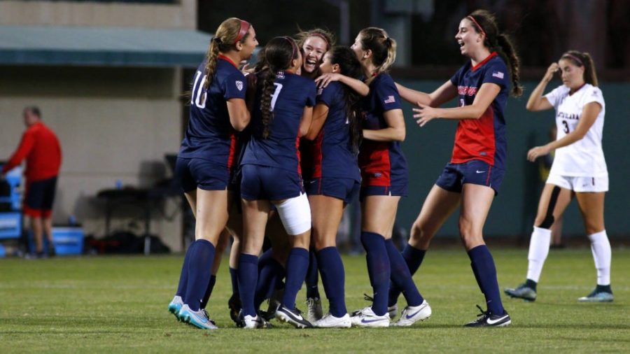 <p>Arizona women's soccer celebrates its second win against Santa Clara this season after a 2-1 victory on Nov. 19. The Wildcats punched a ticket to the Sweet Sixteen for just the second time in program history.</p>