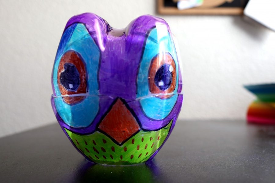 The adorable and colorful final product from the soda bottle­turned­owl craft.  The project
uses common household items, is simple, fun and the perfect way to procrastinate a little on 
studying for that math test or writing that paper.